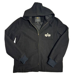 Alpha Industries Jacket Mens XL Black Full Zip Hoodie Military Style Wool Blend
